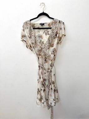 JBS Sheer Floral Wrap Dress in Cream Taupe - Lightweight Women's Ruffle Dress